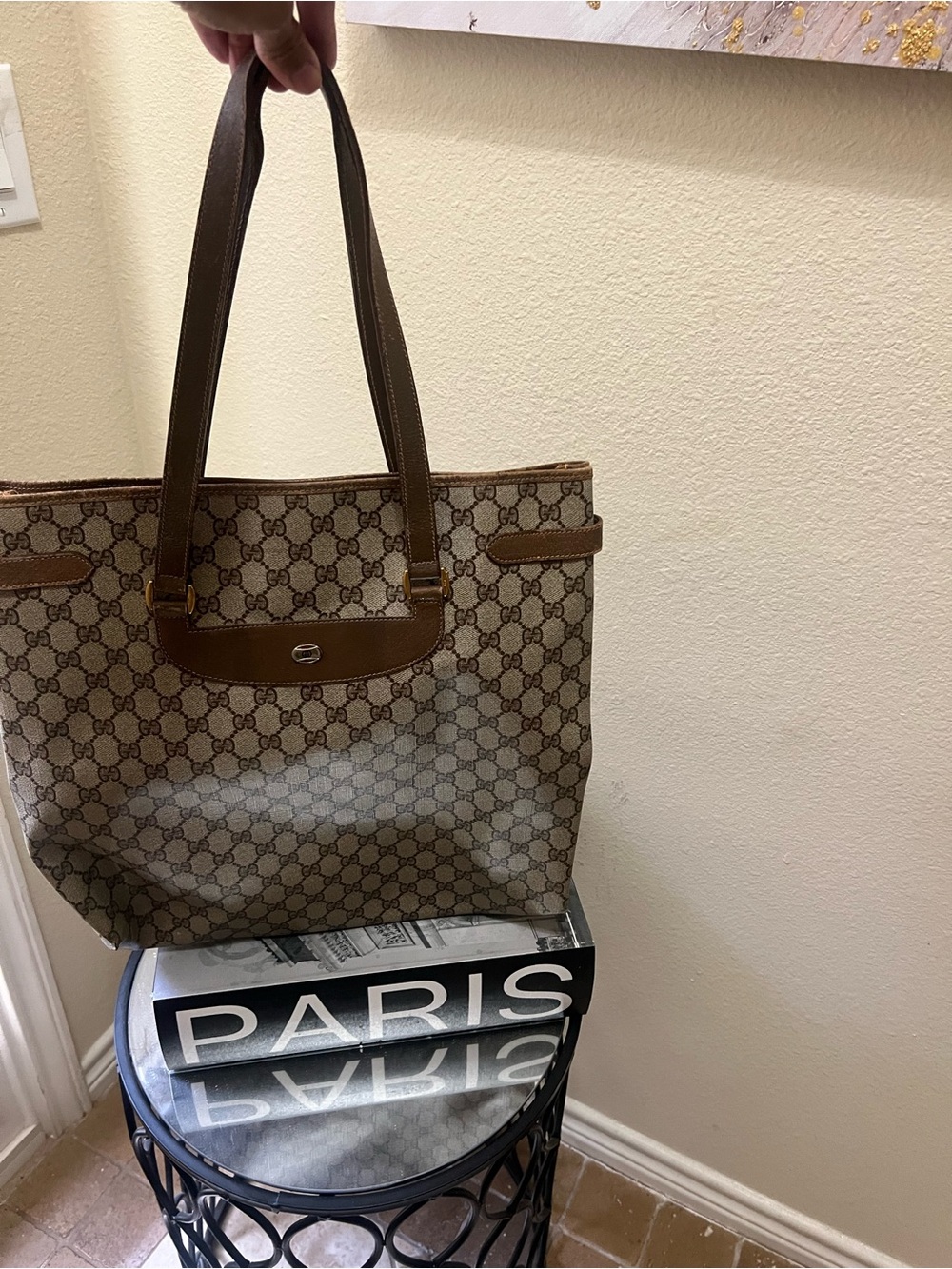 Gucci Beige and Brown GG Canvas Tote with Leather Trim